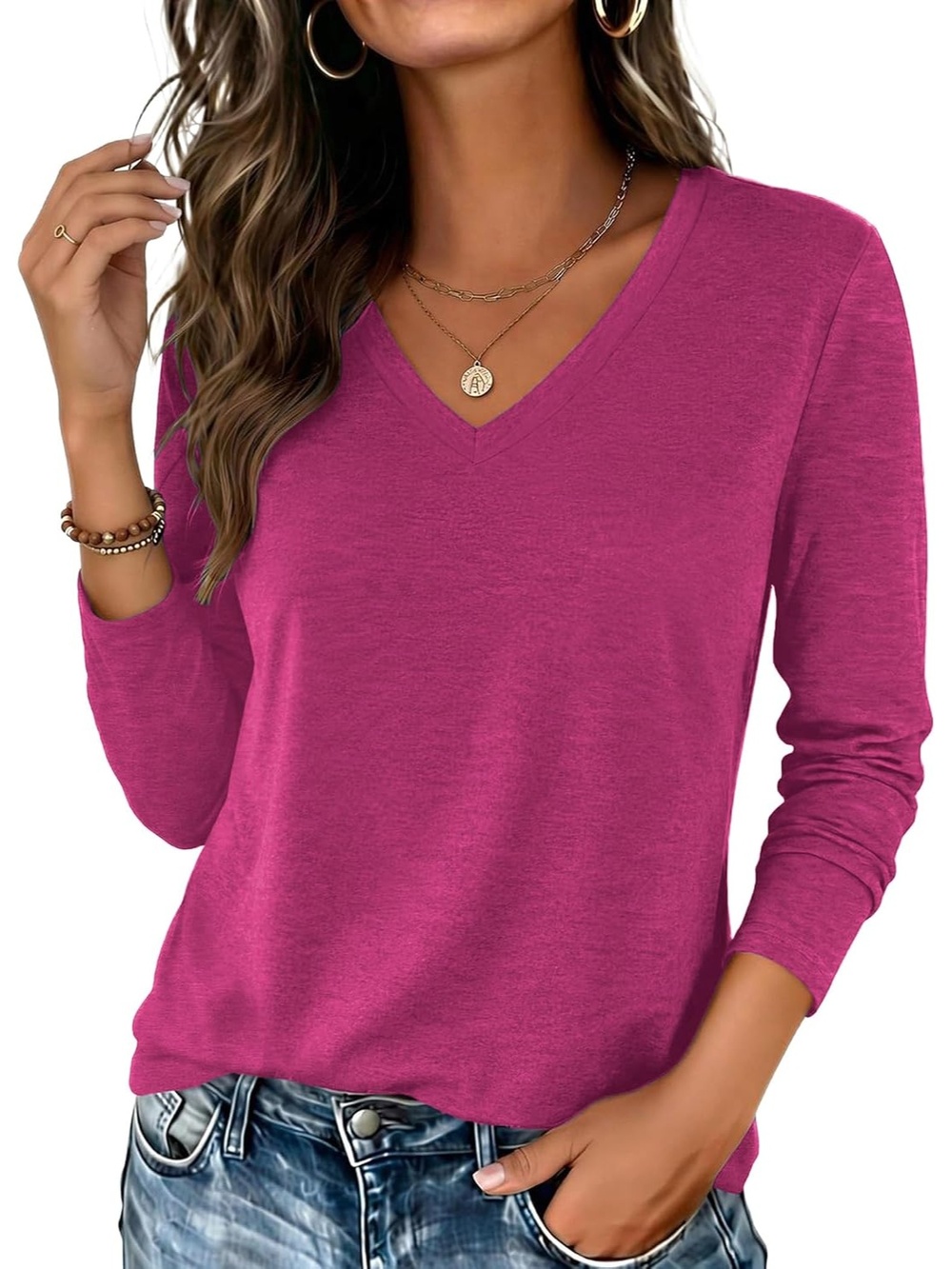 Women's Hot Pink V Neck Long Sleeve Casual Basic Tee Fall Outfits Printed Tops